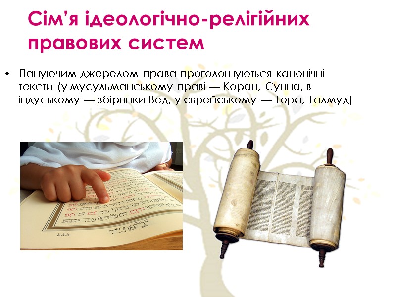 Сім’я ідеологічно-релігійних правових систем Пануючим джерелом права проголошуються канонічні тексти (у мусульманському праві —
